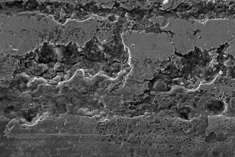 Tribologische Schäden: REM Aufnahme von Gleitlagerverschleiß im Rahmen einer Schadensanalyse bei GWP